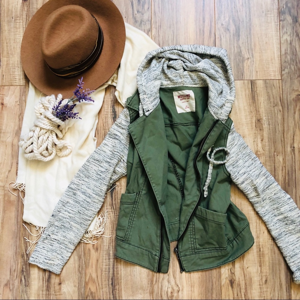 Olive green jacket with gray sleeves and hoodie